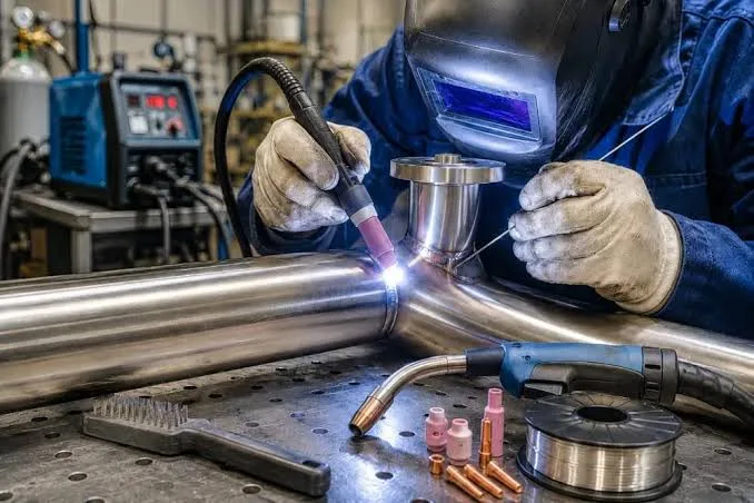 TIG welder joining a flange to a stainless pipe